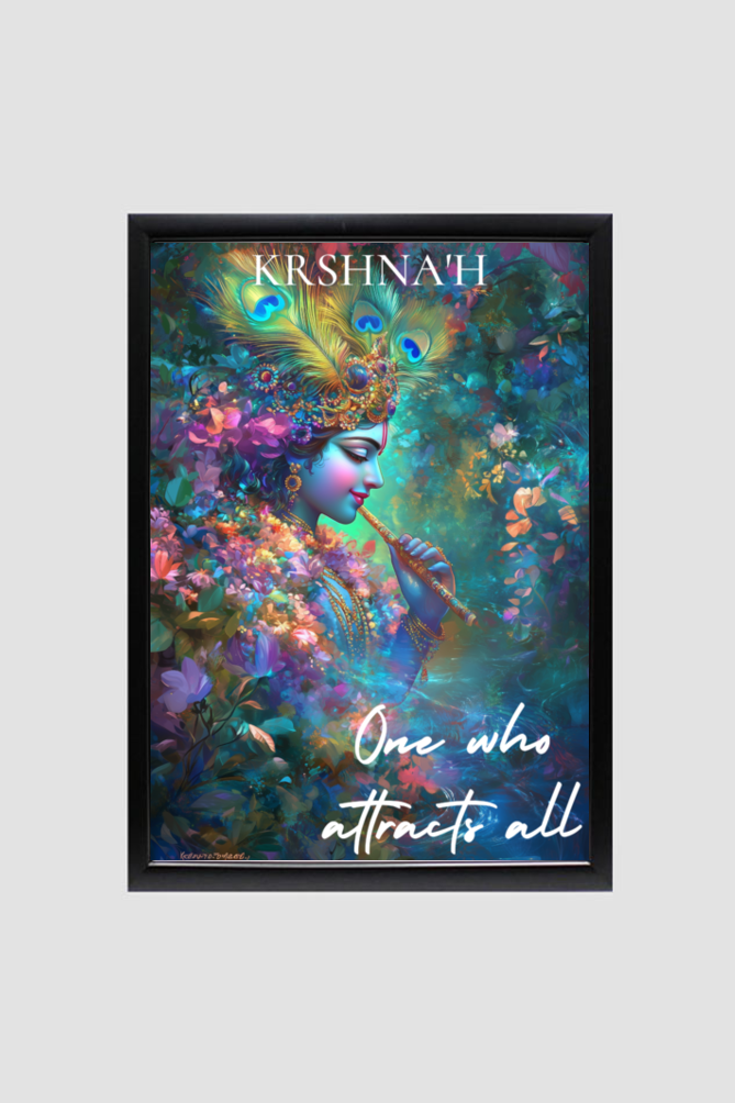 Divine Krishna Art - A4 Framed Poster | Vishnu Sahasranamam Series | Krishna'ḥ: The One Who Attracts All