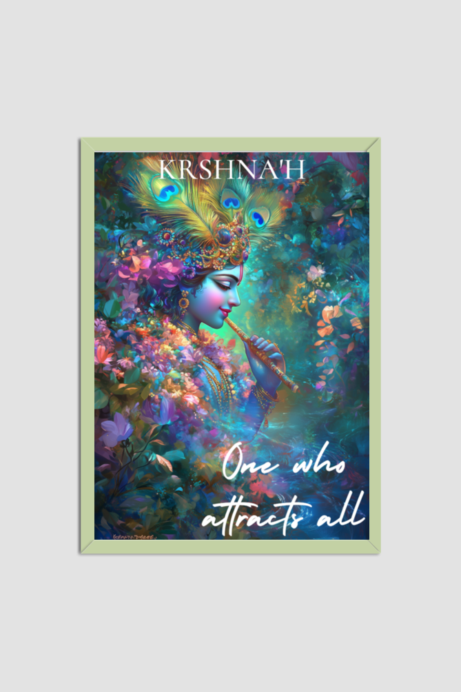 Divine Krishna Art - A4 Framed Poster | Vishnu Sahasranamam Series | Krishna'ḥ: The One Who Attracts All