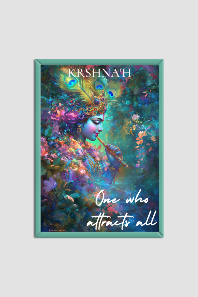 Divine Krishna Art - A4 Framed Poster | Vishnu Sahasranamam Series | Krishna'ḥ: The One Who Attracts All