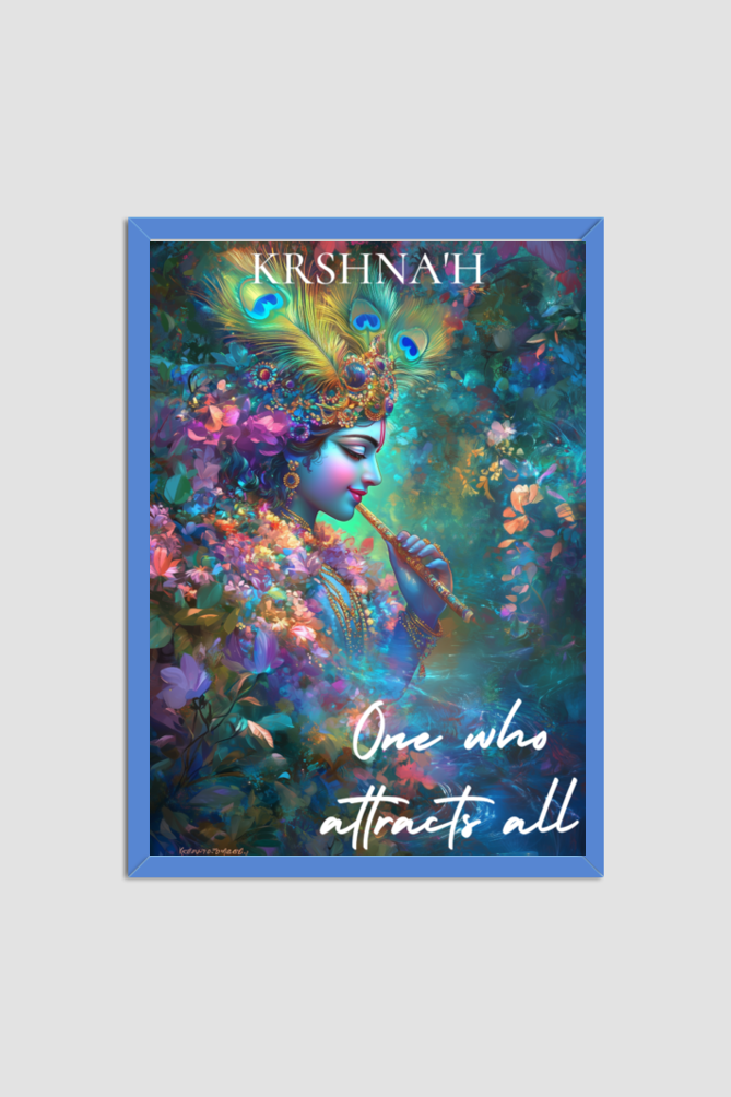 Divine Krishna Art - A4 Framed Poster | Vishnu Sahasranamam Series | Krishna'ḥ: The One Who Attracts All